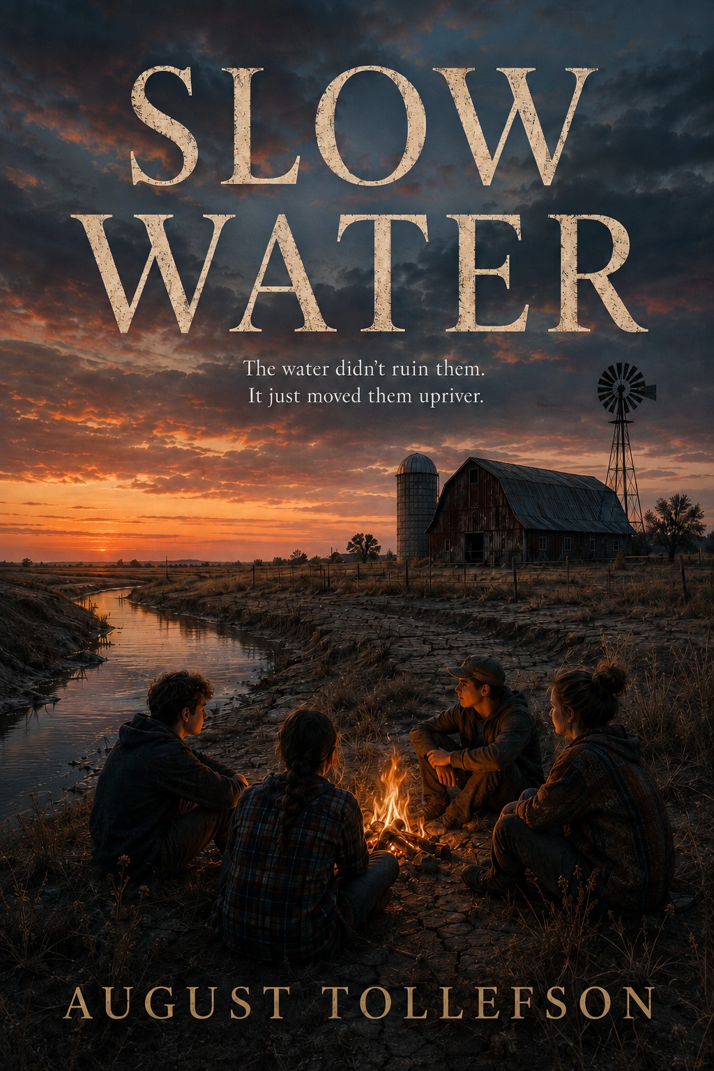 Slow Water cover: four figures at a campfire beside a low river, barn, silo and windmill behind, under a smoke-orange sunset